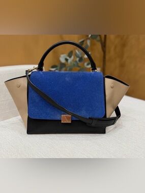 Celine Royal Blue Suede & Black Satchel with Beige Wings COA included